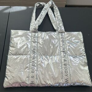 Bath and body works metallic silver puffer shoulder bag